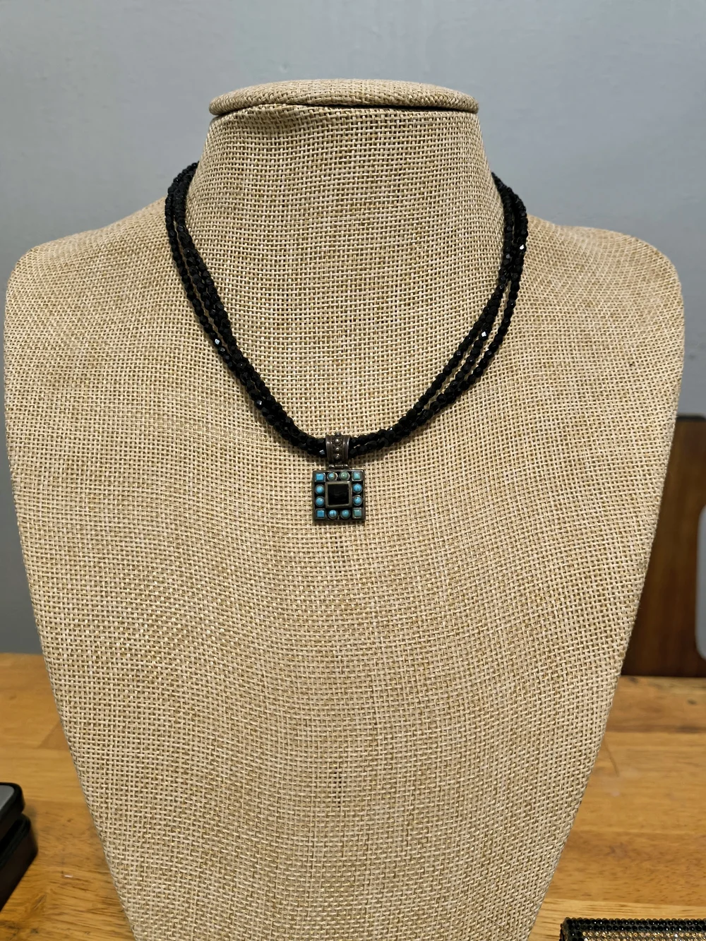 Vintage Black Onyx & Turquoise Sterling Silver Pendant Necklace